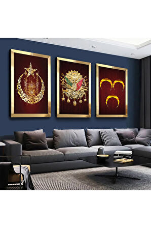 Gümüş Aynalı Pleksi Çerçeveli 3hilal Ve Osmanlı Tuğrası Gümüş Üçlü Mdf Tablo Seti