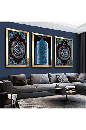 Gold Aynalı Pleksi Çerçeveli Ayetel Kürsi Ve Allah Lafzı Üçlü Mdf Tablo Seti