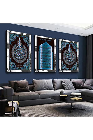 Gold Aynalı Pleksi Çerçeveli Ayetel Kürsi Ve Allah Lafzı Üçlü Mdf Tablo Seti