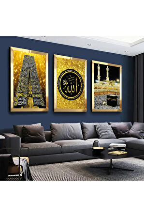 Gümüş Aynalı Pleksi Çerçeveli Kabe Ve Allah Lafzı Gümüş Üçlü Mdf Tablo Seti