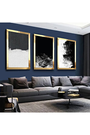 Gümüş Aynalı Pleksi Çerçeveli Siyah Beyaz Modern Gümüş Üçlü Mdf Tablo Seti
