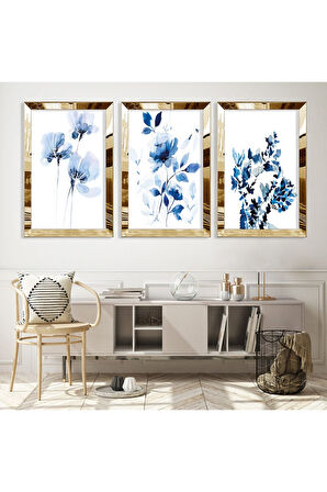 Gold Aynalı Pleksi Çerçeveli Mavi Çiçekler Üçlü Mdf Tablo Seti