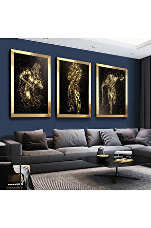 Gold Aynalı Pleksi Çerçeveli Sanat Modern Üçlü Mdf Tablo Seti