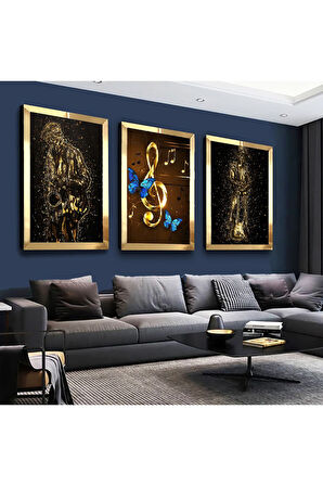 Gümüş Aynalı Pleksi Çerçeveli Müzik Modern Gümüş Üçlü Mdf Tablo Seti