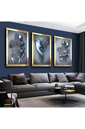 Gold Aynalı Pleksi Çerçeveli Sanat Modern Üçlü Mdf Tablo Seti