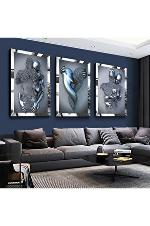 Gold Aynalı Pleksi Çerçeveli Sanat Modern Üçlü Mdf Tablo Seti