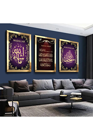 Gümüş Aynalı Pleksi Çerçeveli Nazar Ayeti Dini Gümüş Üçlü Mdf Tablo Seti