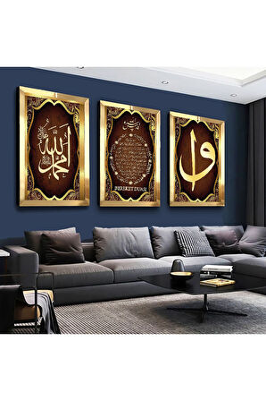 Gold Aynalı Pleksi Çerçeveli Bereket Duası Üçlü Mdf Tablo Seti