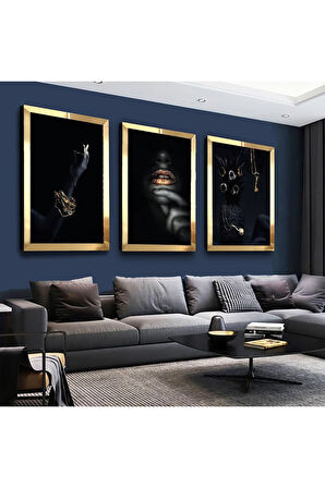Gold Aynalı Pleksi Çerçeveli Siyahi Kadın Üçlü Mdf Tablo Seti