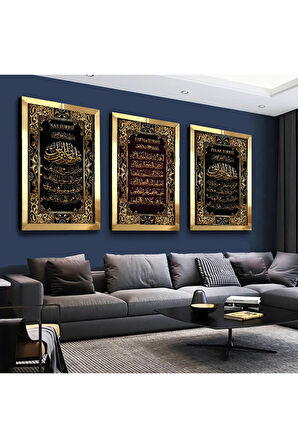 Gold Aynalı Pleksi Çerçeveli Fatiha, Nas, Felak Suresi Dini Üçlü Mdf Tablo Seti