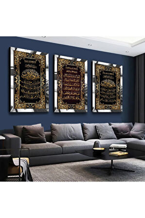 Gold Aynalı Pleksi Çerçeveli Fatiha, Nas, Felak Suresi Dini Üçlü Mdf Tablo Seti