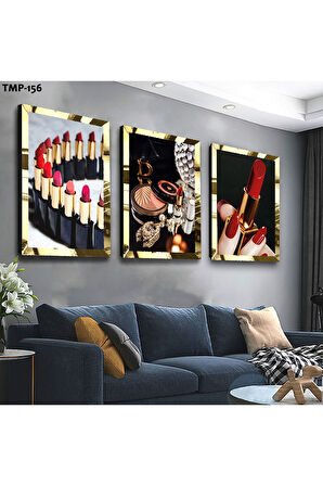 Gümüş Aynalı Pleksi Çerçeveli Ruj Üçlü Mdf Tablo Seti