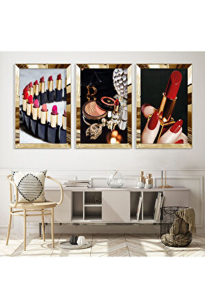 Gümüş Aynalı Pleksi Çerçeveli Ruj Üçlü Mdf Tablo Seti