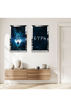 GÜMÜŞ AYNALI PLEKSİ ÇERÇEVELİ GÖKTÜRK YAZILARI VE BZOKURT İKİLİ MDF TABLO SETİ