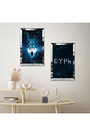 GÜMÜŞ AYNALI PLEKSİ ÇERÇEVELİ GÖKTÜRK YAZILARI VE BZOKURT İKİLİ MDF TABLO SETİ