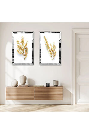GÜMÜŞ AYNALI PLEKSİ ÇERÇEVELİ BEYAZ ARKA PLANLI GOLD ÇİÇEK İKİLİ MDF TABLO SETİ