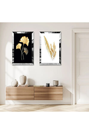 GÜMÜŞ AYNALI PLEKSİ ÇERÇEVELİ SİYAH BEYAZ ARKA PLANLI GOLD ÇİÇEK VE YAPRAK İKİLİ MDF TABLO SETİ