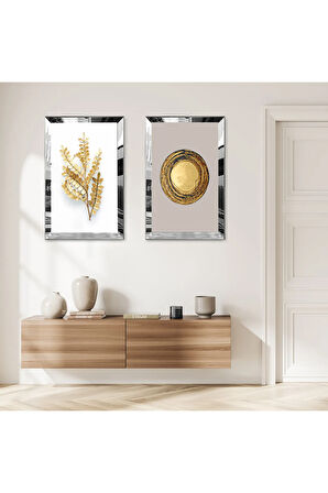 GÜMÜŞ AYNALI PLEKSİ ÇERÇEVELİ GRİ BEYAZ ARKA PLANLI GOLD ÇİÇEK İKİLİ MDF TABLO SETİ