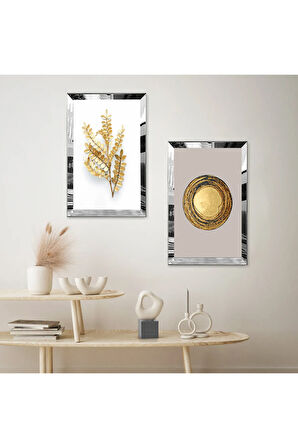 GÜMÜŞ AYNALI PLEKSİ ÇERÇEVELİ GRİ BEYAZ ARKA PLANLI GOLD ÇİÇEK İKİLİ MDF TABLO SETİ