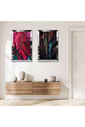 GÜMÜŞ AYNALI PLEKSİ ÇERÇEVELİ KIRMIZI YAPRAKLAR İKİLİ MDF TABLO SETİ