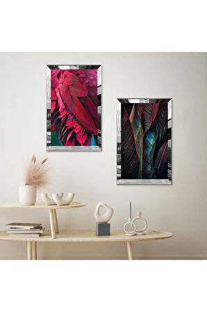 GÜMÜŞ AYNALI PLEKSİ ÇERÇEVELİ KIRMIZI YAPRAKLAR İKİLİ MDF TABLO SETİ