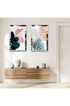 GÜMÜŞ AYNALI PLEKSİ ÇERÇEVELİ RENKLİ YUVARLAK MODERN SOYUT ŞEKİLLER İKİLİ MDF TABLO SETİ