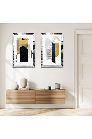 GÜMÜŞ AYNALI PLEKSİ ÇERÇEVELİ BEYAZ ARKA PLANLI RENKLİ DESENER İKİLİ MDF TABLO SETİ