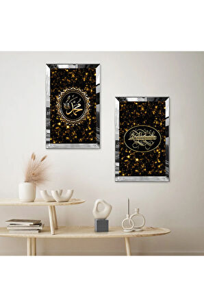 GÜMÜŞ AYNALI PLEKSİ ÇERÇEVELİ SİYAH ARKA PLANLI MODERN GOLD IŞILTILI DİNİ İKİLİ MDF TABLO SETİ