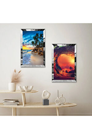 GÜMÜŞ AYNALI PLEKSİ ÇERÇEVELİ YAZIN SOYUT DENİZ MANZARALI İKİLİ MDF TABLO SETİ