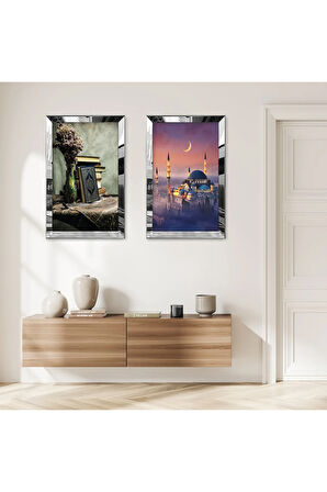 GÜMÜŞ AYNALI PLEKSİ ÇERÇEVELİ KURAN-I KERİM VE CAMİ DİNİ DEKORATİF İKİLİ MDF TABLO SETİ