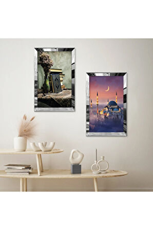 GÜMÜŞ AYNALI PLEKSİ ÇERÇEVELİ KURAN-I KERİM VE CAMİ DİNİ DEKORATİF İKİLİ MDF TABLO SETİ