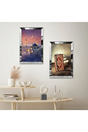 GÜMÜŞ AYNALI PLEKSİ ÇERÇEVELİ KURAN-I KERİM VE CAMİ DİNİ İKİLİ MDF TABLO SETİ