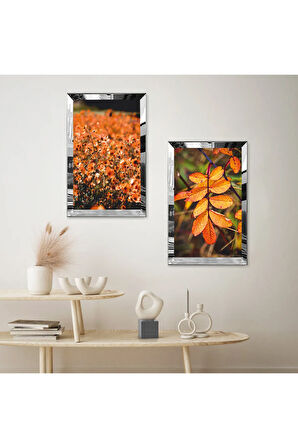 GÜMÜŞ AYNALI PLEKSİ ÇERÇEVELİ TURUNCU SOYUT ÇİÇEK BAHÇESİ İKİLİ MDF TABLO SETİ