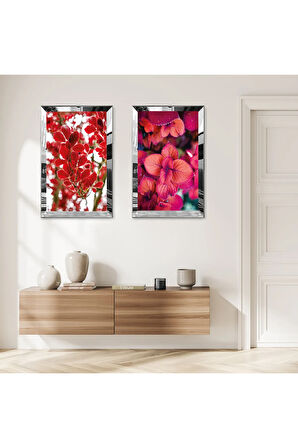 GÜMÜŞ AYNALI PLEKSİ ÇERÇEVELİ KIRMIZI BİTKİLER İKİLİ MDF TABLO SETİ