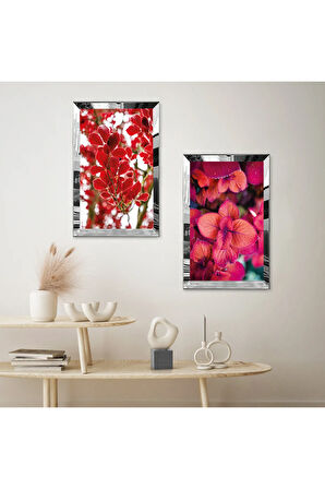 GÜMÜŞ AYNALI PLEKSİ ÇERÇEVELİ KIRMIZI BİTKİLER İKİLİ MDF TABLO SETİ