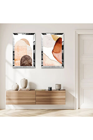 GÜMÜŞ AYNALI PLEKSİ ÇERÇEVELİ KREM RENGİ MODERN ÇİZİM İKİLİ MDF TABLO SETİ