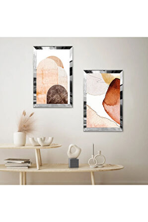 GÜMÜŞ AYNALI PLEKSİ ÇERÇEVELİ KREM RENGİ MODERN ÇİZİM İKİLİ MDF TABLO SETİ