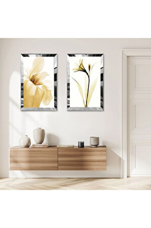 GÜMÜŞ AYNALI PLEKSİ ÇERÇEVELİ BEYAZ ARKA PLANLI GOLD ÇİÇEKLER İKİLİ MDF TABLO SETİ