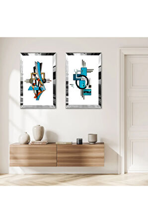 GÜMÜŞ AYNALI PLEKSİ ÇERÇEVELİ BEYA ARKA PLANLI MAVİ SOYUT DESENLER MODERN İKİLİ MDF TABLO SETİ