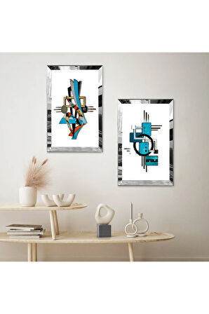 GÜMÜŞ AYNALI PLEKSİ ÇERÇEVELİ BEYA ARKA PLANLI MAVİ SOYUT DESENLER MODERN İKİLİ MDF TABLO SETİ
