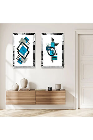 GÜMÜŞ AYNALI PLEKSİ ÇERÇEVELİ BEYA ARKA PLANLI MAVİ SOYUT DESENLER İKİLİ MDF TABLO SETİ