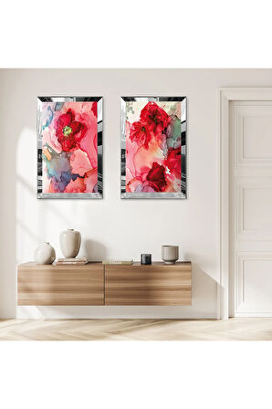 GÜMÜŞ AYNALI PLEKSİ ÇERÇEVELİ KIRMIZI ÇİÇEKLER MODERN İKİLİ MDF TABLO SETİ