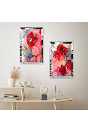 GÜMÜŞ AYNALI PLEKSİ ÇERÇEVELİ KIRMIZI ÇİÇEKLER MODERN İKİLİ MDF TABLO SETİ