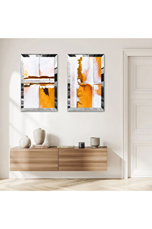 GÜMÜŞ AYNALI PLEKSİ ÇERÇEVELİ BEYAZ ARKA PLANLI SOYUT TURUNCU MODERN DESENLER İKİLİ MDF TABLO SETİ