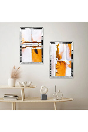 GÜMÜŞ AYNALI PLEKSİ ÇERÇEVELİ BEYAZ ARKA PLANLI SOYUT TURUNCU MODERN DESENLER İKİLİ MDF TABLO SETİ