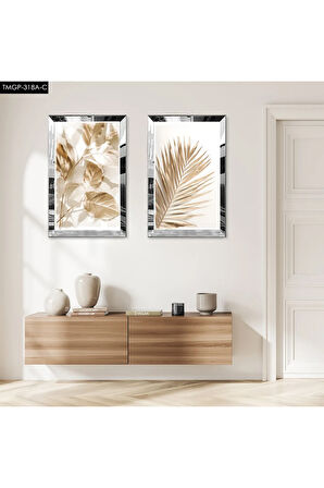 GÜMÜŞ AYNALI PLEKSİ ÇERÇEVELİ BEYAZ ARKA PLANLI GOLD ÇİÇEK MODERN İKİLİ MDF TABLO SETİ