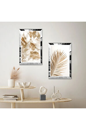 GÜMÜŞ AYNALI PLEKSİ ÇERÇEVELİ BEYAZ ARKA PLANLI GOLD ÇİÇEK MODERN İKİLİ MDF TABLO SETİ