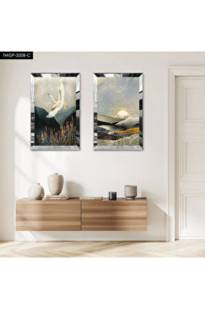 GÜMÜŞ AYNALI PLEKSİ ÇERÇEVELİ UÇAN KUŞ MODERN İKİLİ MDF TABLO SETİ