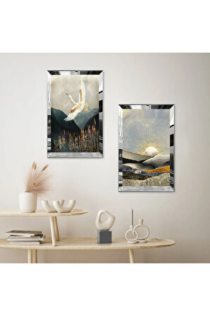 GÜMÜŞ AYNALI PLEKSİ ÇERÇEVELİ UÇAN KUŞ MODERN İKİLİ MDF TABLO SETİ