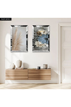 GÜMÜŞ AYNALI PLEKSİ ÇERÇEVELİ ÇİÇEK DESENLİ MODERN İKİLİ MDF TABLO SETİ